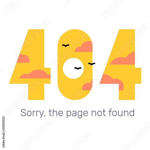 Vector creative template of found 404 error page with bird, clou photo