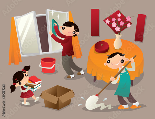 A family cleans their home thoroughly before new year. It is a tradition of Chinese people to welcome new year coming.