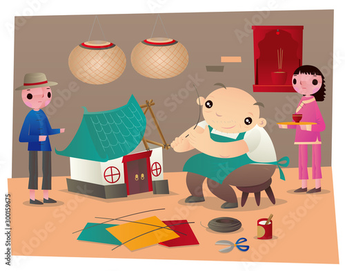 An old master making a paper house and paper servants as funeral goods of Chinese paper offerings