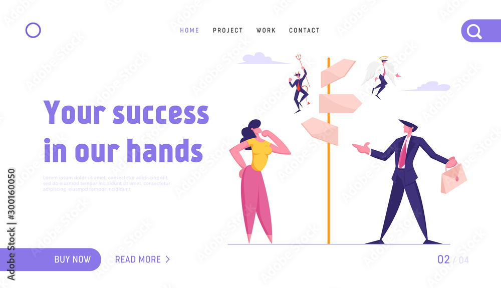 Choice Way and Doubts in Business Life Website Landing Page. Businessman and Businesswoman Stand on Crossroad Fork with Angel and Demon on Pointer Web Page Banner. Cartoon Flat Vector Illustration