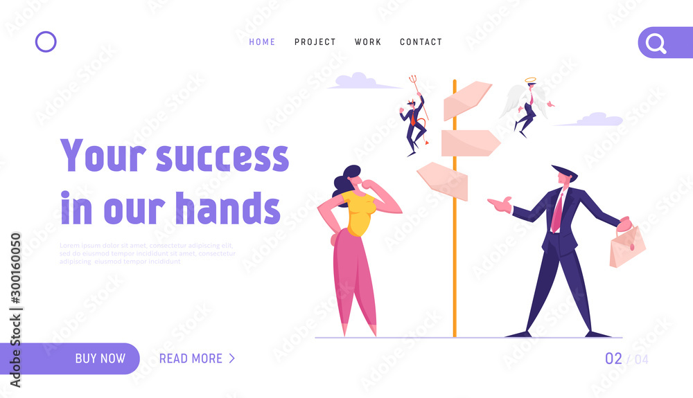 Choice Way and Doubts in Business Life Website Landing Page. Businessman and Businesswoman Stand on Crossroad Fork with Angel and Demon on Pointer Web Page Banner. Cartoon Flat Vector Illustration Choice Way and Doubts in Business Life Website Landing Page. Businessman and Businesswoman Stand on Crossroad Fork with Angel and Demon on Pointer Web Page Banner. Cartoon Flat Vector Illustration