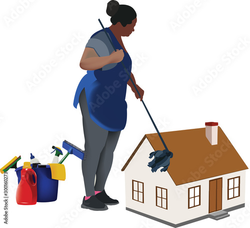 donna di colore in divisa che pulisce l'appartamento photo