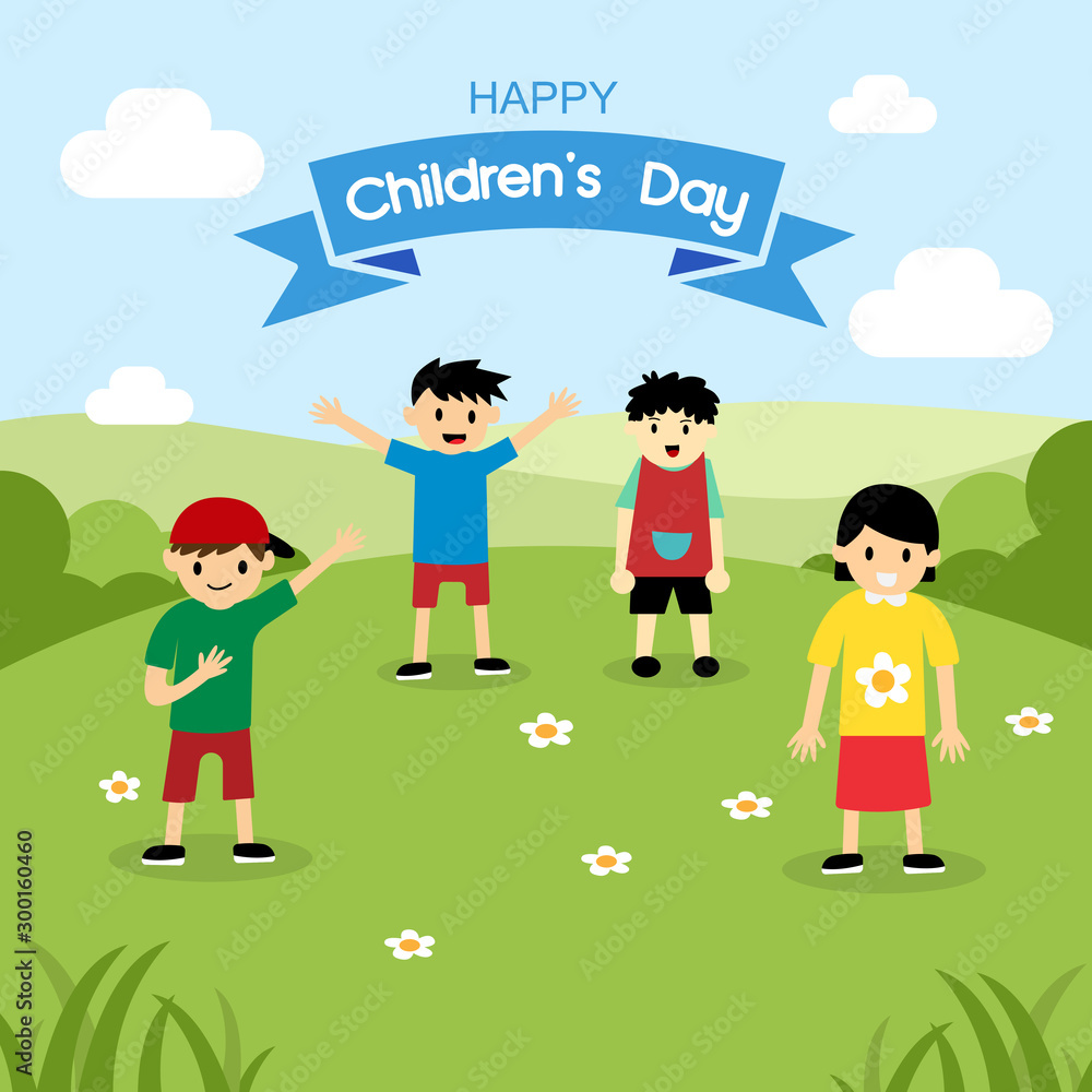 World Children's Day, four children are playing in a park full of green grass World Children's Day, four children are playing in a park full of green grass