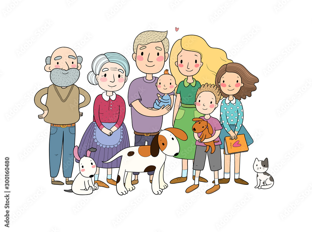 A happy family. Parents with children. Cute cartoon dad, mom, daughter, son and baby. grandmother and grandfather. Funny pet cat and dog A happy family. Parents with children. Cute cartoon dad, mom, daughter, son and baby. grandmother and grandfather. Funny pet cat and dog
