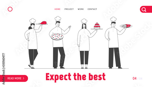 Restaurant Staff in Uniform Demonstrating Cafe Menu Website Landing Page. Men and Women Chefs in Toque and Apron Holding Trays with Meals Web Page Banner. Cartoon Flat Vector Illustration, Line Art