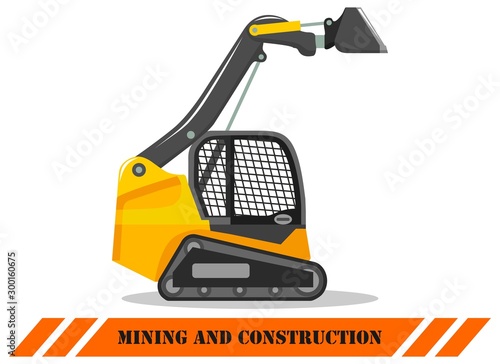 Skid steer loader. Detailed illustration of heavy construction machine and equipment. Vector illustration.