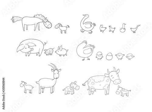 Farm animals. Cute cartoon horse, cow and goat, sheep and goose, chicken and pig.