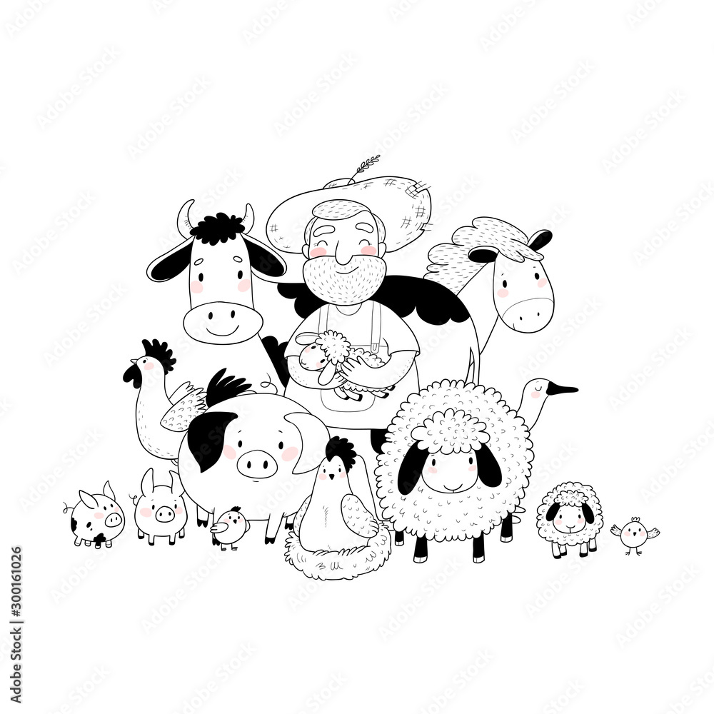 Obraz premium Cute cartoon farmer and animals. Country man and cow, horse and sheep, chicken and goose, pig and rooster.
