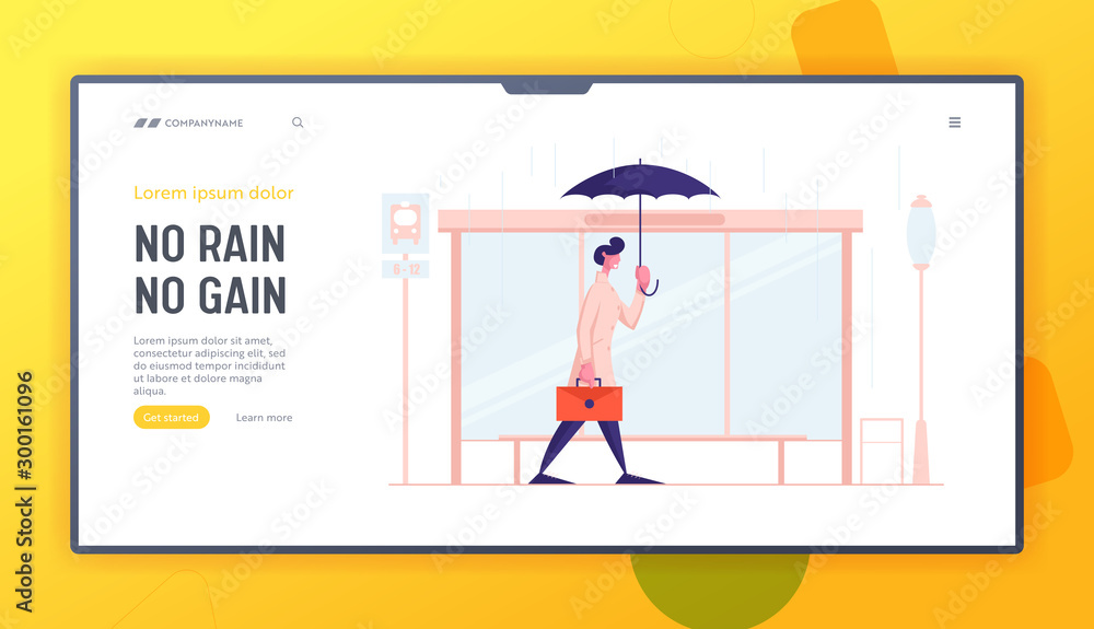 Bad Rainy Weather in City Website Landing Page. Young Business Man City Dweller with Umbrella and Briefcase Stand on Bus Station in Rain Seasonal Storm Web Page Banner Cartoon Flat Vector Illustration Bad Rainy Weather in City Website Landing Page. Young Business Man City Dweller with Umbrella and Briefcase Stand on Bus Station in Rain Seasonal Storm Web Page Banner Cartoon Flat Vector Illustration