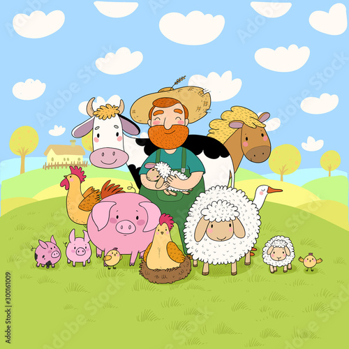 Cute cartoon farmer and animals. Country man and cow, horse and sheep, chicken and goose, pig and rooster.