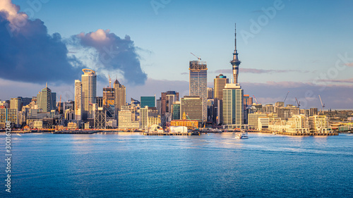Auckland skyline at sunrise, Auckland, New Zealand photo