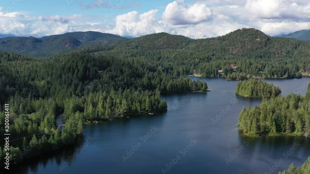 Aerial View at Mountain Lake with Blue Sky in British Columbia, Canada. 4K. Aerial View at Mountain Lake with Blue Sky in British Columbia, Canada. 4K.