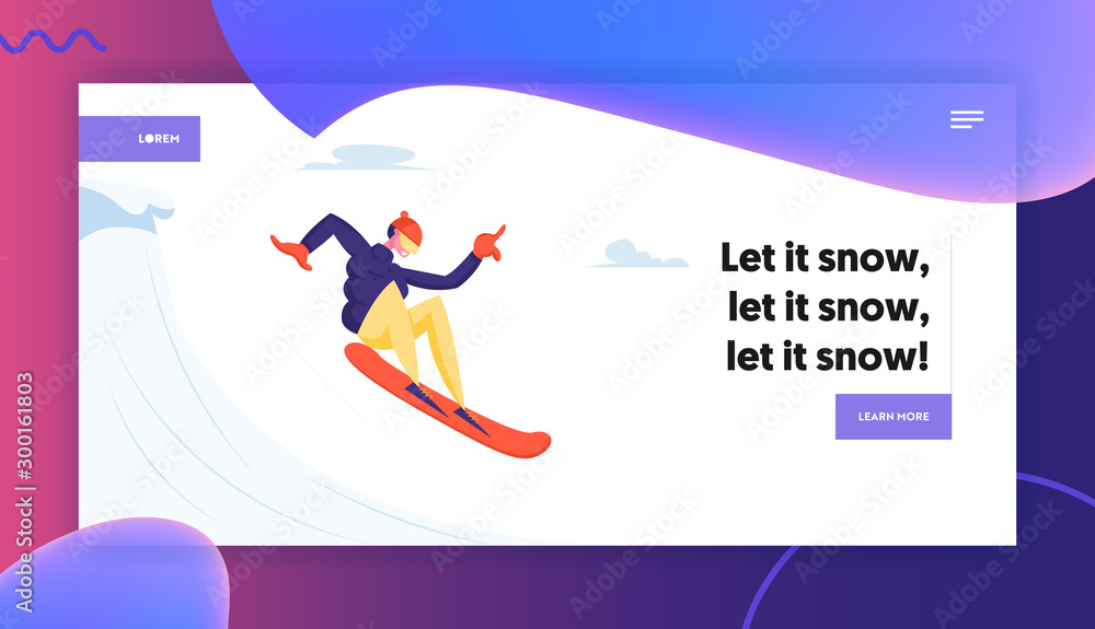 Winter Vacation Extreme Sports Activity and Entertainment Website Landing Page. Young Sportsman Snowboarding and Making Stunts on Mountain Ski Resort Web Page Banner. Cartoon Flat Vector Illustration