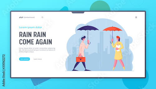 City Passers-by at Wet Rainy Autumn or Spring Weather Website Landing Page. Happy Drenched People with Umbrella Walk in Rain, Cold Water Pour from Sky Web Page Banner. Cartoon Flat Vector Illustration