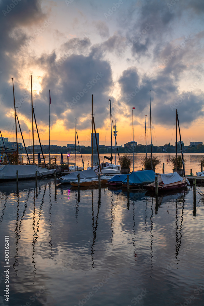 Hamburg, Germany. The Lake Alster with boats in the evening.