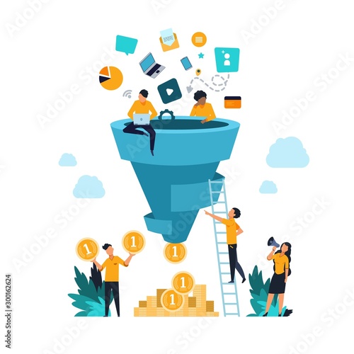 Funnel leads generation. Attracting followers strategy concept with cartoon people and inbound marketing. Vector conversion rate generation flow customer and focus profit photo