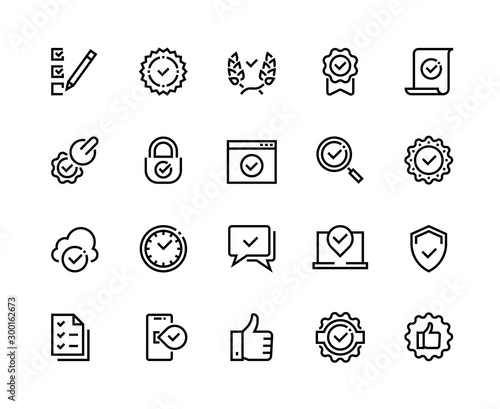 Quality control line icons. Check mark and approve certificate outline symbols, confirmation and quality guaranteed vector sign set. Technological line check and certificate of conformity stamp