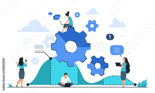 Cogwheel business concept. Teamwork and people organization, gear mechanism illustration. Vector strategy and cooperation business machinery team, used cogwheels presentation