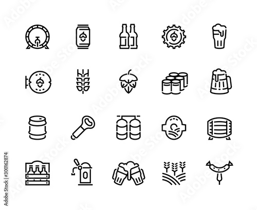 Beer line icons. Glass bottles pack kegs wooden mug and barrel, alcoholic beverages and barley hop drinks. Vector infographic outline bar beer icon set for signboard pub illustration
