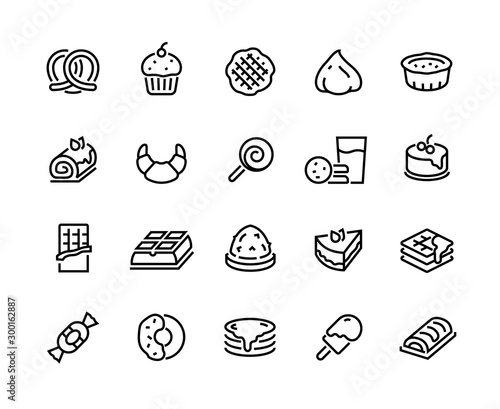 Desserts line icons. Sweet food cakes waffles biscuits donuts and bakery, croissant chocolate pie and cookies. Vector sweet set with cake candies biscuits muffin chocolate for icon celebration