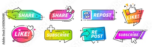Like and share banner. Social media thumb up share and repost buttons for vlogs, blogs and video channel. Vector SMM marketing recommends style fillings icons for social fillings