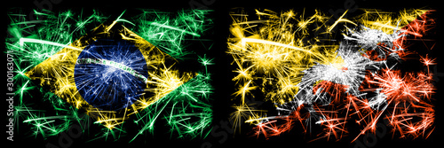 Brazil, Brazilian vs Bhutan, Bhutanese New Year celebration sparkling fireworks flags concept background. Combination of two states flags © Vlad