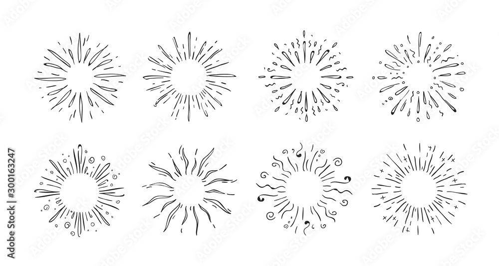 Doodle starburst. Hand drawn decorative elements of shining stars for invitation cards and posters. Vector illustrations abstract pop symbols decoration shine simple element set Doodle starburst. Hand drawn decorative elements of shining stars for invitation cards and posters. Vector illustrations abstract pop symbols decoration shine simple element set