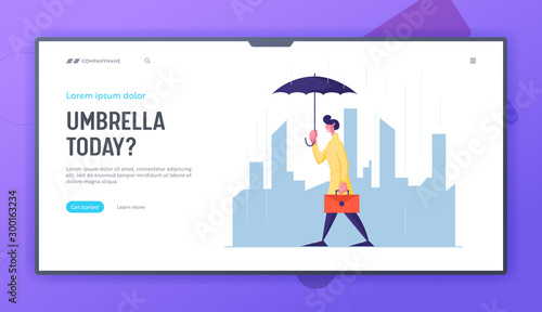 Rainy Autumn Weather Website Landing Page. Young Businessman with Briefcase and Umbrella Walking along Cityscape Background. Meteorology Forecast Web Page Banner. Cartoon Flat Vector Illustration