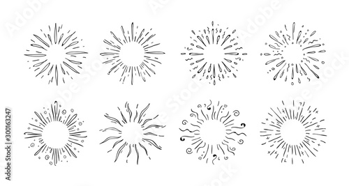 Doodle starburst. Hand drawn decorative elements of shining stars for invitation cards and posters. Vector illustrations abstract pop symbols decoration shine simple element set