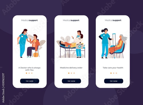 Medical onboard screen. Mobile app UI with blood donation, doctor appointment and examination scenes. Vector screens set preparing patient for medical checkup