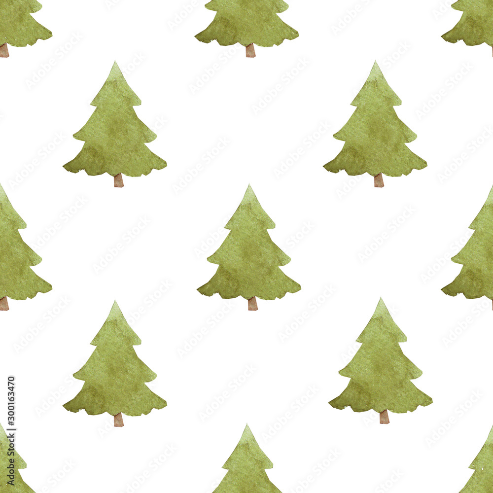 Fototapeta premium Seamless pattern with Christmas tree for winter holidays design, watercolor illustration. Decorative background with hand painted evergreen fores tree. Winter holiday design perfect for wallpaper 
