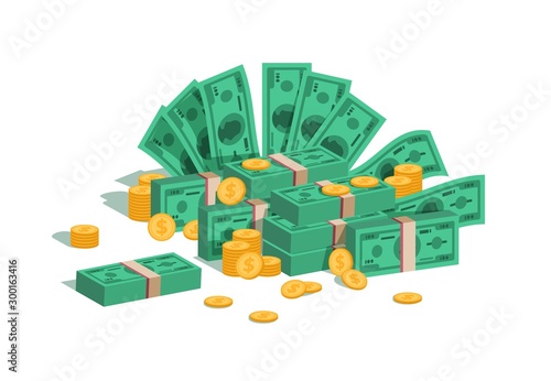 Money pile. Bundle with flying dollars and rolling golden coins, stack of green banknotes and coins on white background. Vector isolated image business finance earn cash concept
