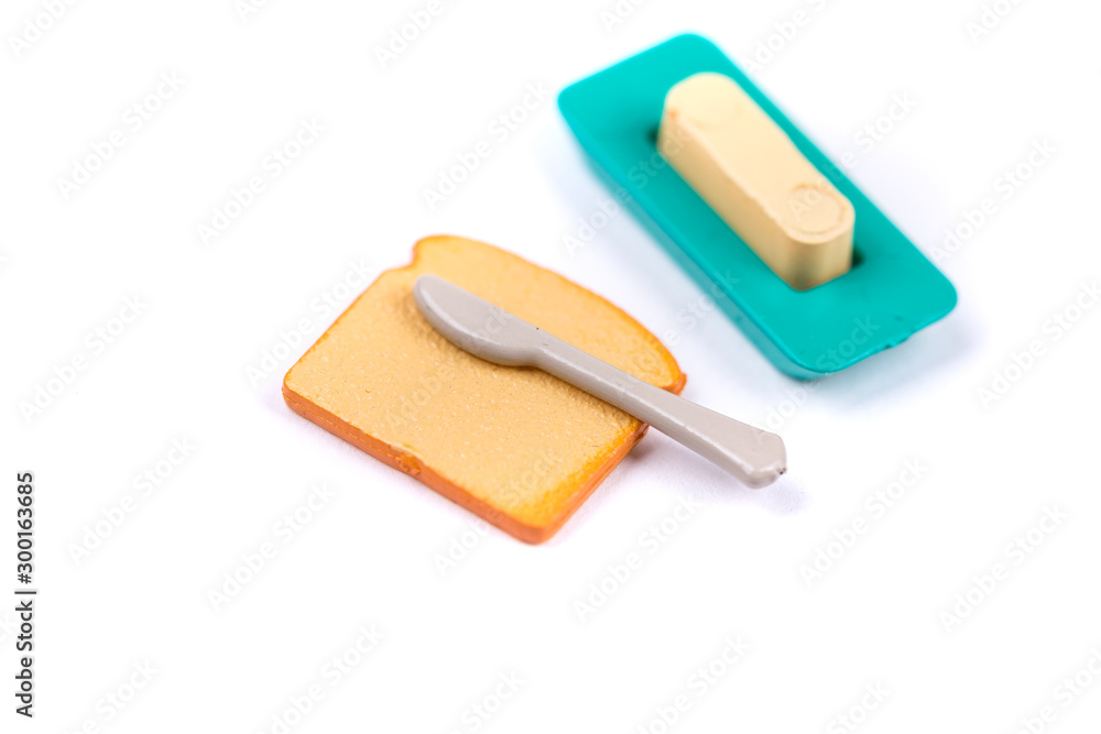 Childs toy plastic food molded 1/6th scale toast, butter container and knife Childs toy plastic food molded 1/6th scale toast, butter container and knife