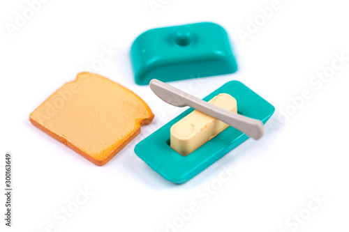 Childs toy plastic food molded 1/6th scale toast, butter container and knife