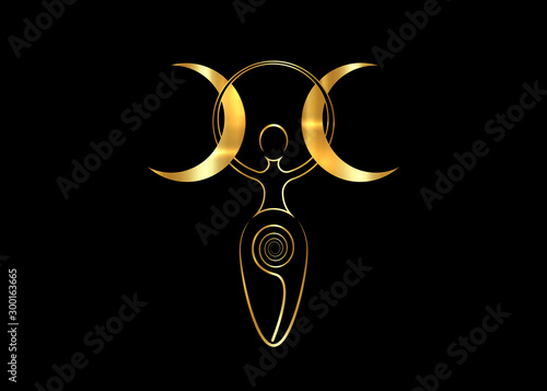 Fototapet gold spiral goddess of fertility and triple moon Wiccan