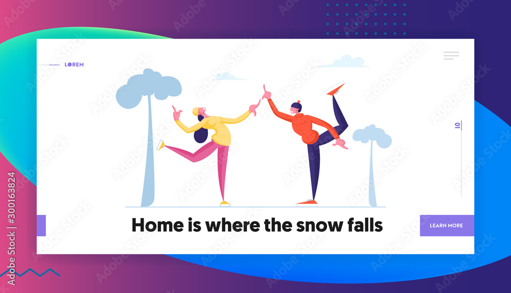 Male Female Characters Skaters Website Landing Page. Happy People Performing Leisure Outdoor Activities at Winter Park Figure Skating on Ice Rink Web Page Banner. Cartoon Flat Vector Illustration Male Female Characters Skaters Website Landing Page. Happy People Performing Leisure Outdoor Activities at Winter Park Figure Skating on Ice Rink Web Page Banner. Cartoon Flat Vector Illustration
