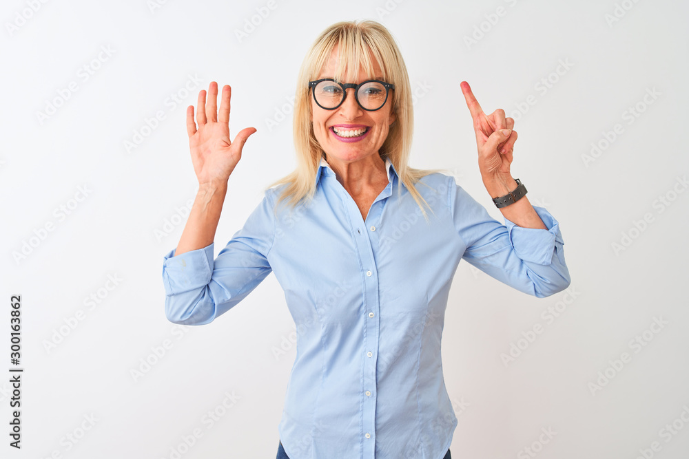 Middle age businesswoman wearing elegant shirt and glasses over isolated white background showing and pointing up with fingers number six while smiling confident and happy. Middle age businesswoman wearing elegant shirt and glasses over isolated white background showing and pointing up with fingers number six while smiling confident and happy.