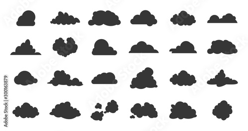 Flat clouds icon. Black spring nature shadow simplicity silhouettes. Vector illustrations various form cloud sky pictogram set on white background for digital technology