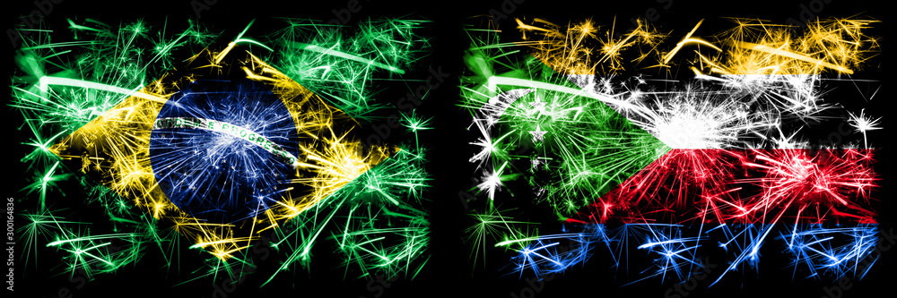 Fototapeta premium Brazil, Brazilian vs Comoros, Comorian New Year celebration sparkling fireworks flags concept background. Combination of two states flags