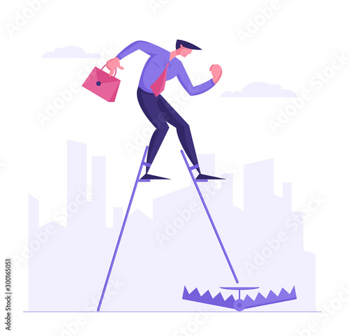 Businessman in Formal Suit with Briefcase Walking on Stilts Step to Trap on Ground. Inexperienced Business Man Character Trying to Avoid Problem or Searching Solution. Cartoon Flat Vector Illustration