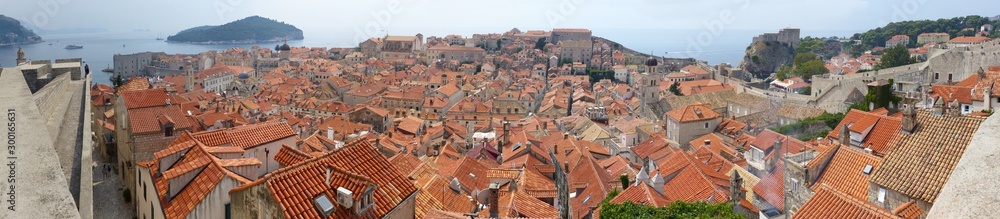 Panoramic view from the wall of the old city of Dubrovnik, Ragusa, Dalmatian Coast, Croatia. UNESCO world heritages sites.