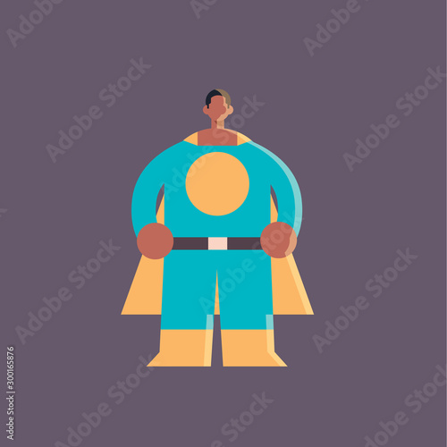 cute guy wearing super hero costume african american man in cape standing pose happy halloween party celebration concept flat full length vector illustration