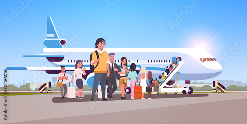 travelers with luggage standing line queue going to plane passengers climbing the ladder to board aircraft boarding travel concept flat horizontal vector illustration