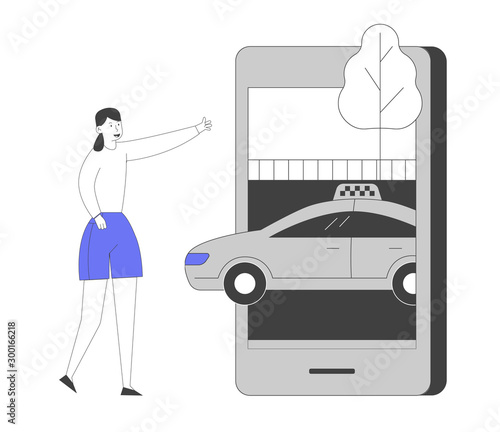 Young Woman Ordering Taxi Driver Using Mobile Application on Smartphone. Customer Character Waiting Car Outdoors. Smart App for Auto Order by Phone City Life Cartoon Flat Vector Illustration, Line Art