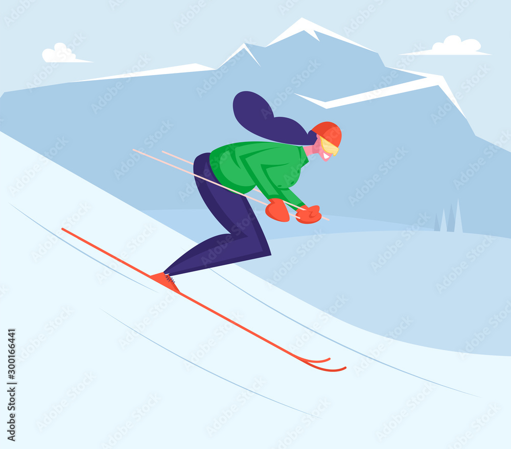 Girl Riding Downhills by Skis Having Wintertime Fun and Leisure Time. Winter Sports Activity and Spare Time. Young Woman Skiing on Mountains Resort. Active Lifestyle Cartoon Flat Vector Illustration