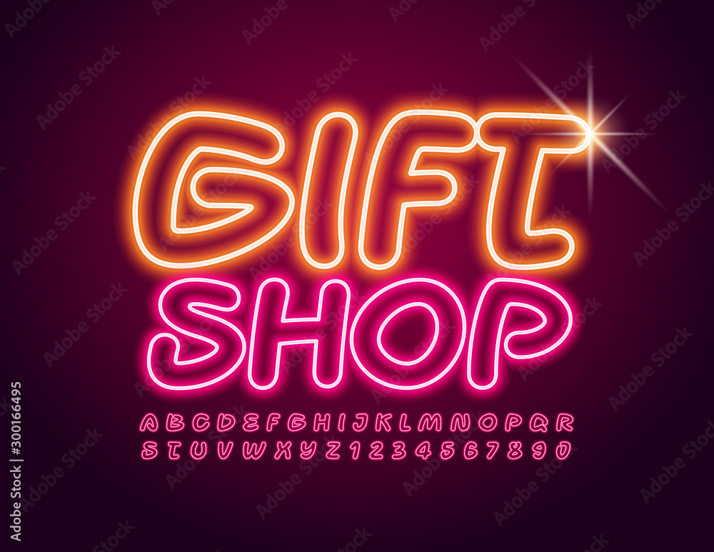 Vector Sign Gift Shop. Neon Pink Font. Creative Uppercase Alphabet Letters and Numbers Vector Sign Gift Shop. Neon Pink Font. Creative Uppercase Alphabet Letters and Numbers
