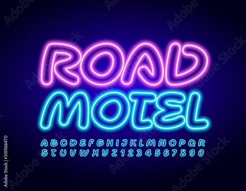 Vector glowing sign Road Motel with neon Font. Blue illuminated Alphabet Letters and Numbers