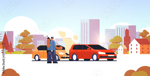 police officer using walkie-talkie policeman standing near damaged autos traffic safety regulations service car accident concept cityscape background flat horizontal full length vector illustration