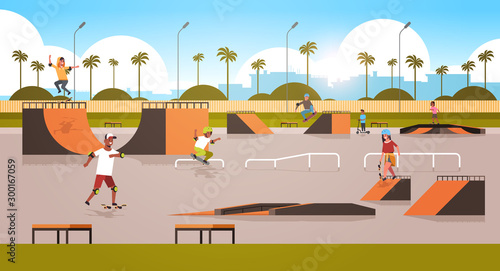 skaters performing tricks in public skate board park with various ramps for skateboarding mix race teenagers having fun riding skateboards cityscape background flat full length horizontal vector