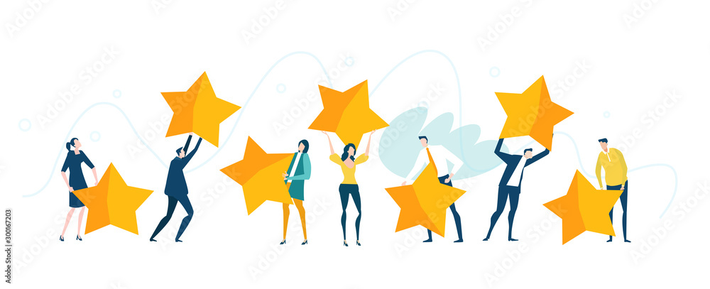 Little people caring seven golden stars, as symbol of success, ranking and growth. Business concept illustration